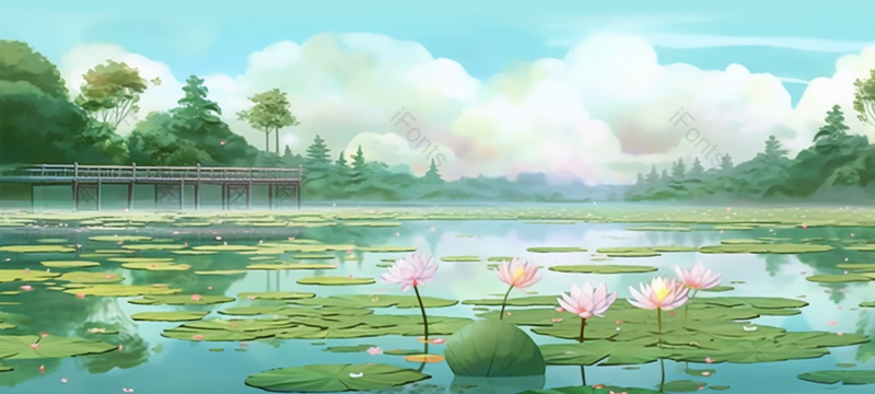 蓝天白云池塘荷花,插画/手绘图,插画/手绘图库,插画/手绘图下载,插画/手绘